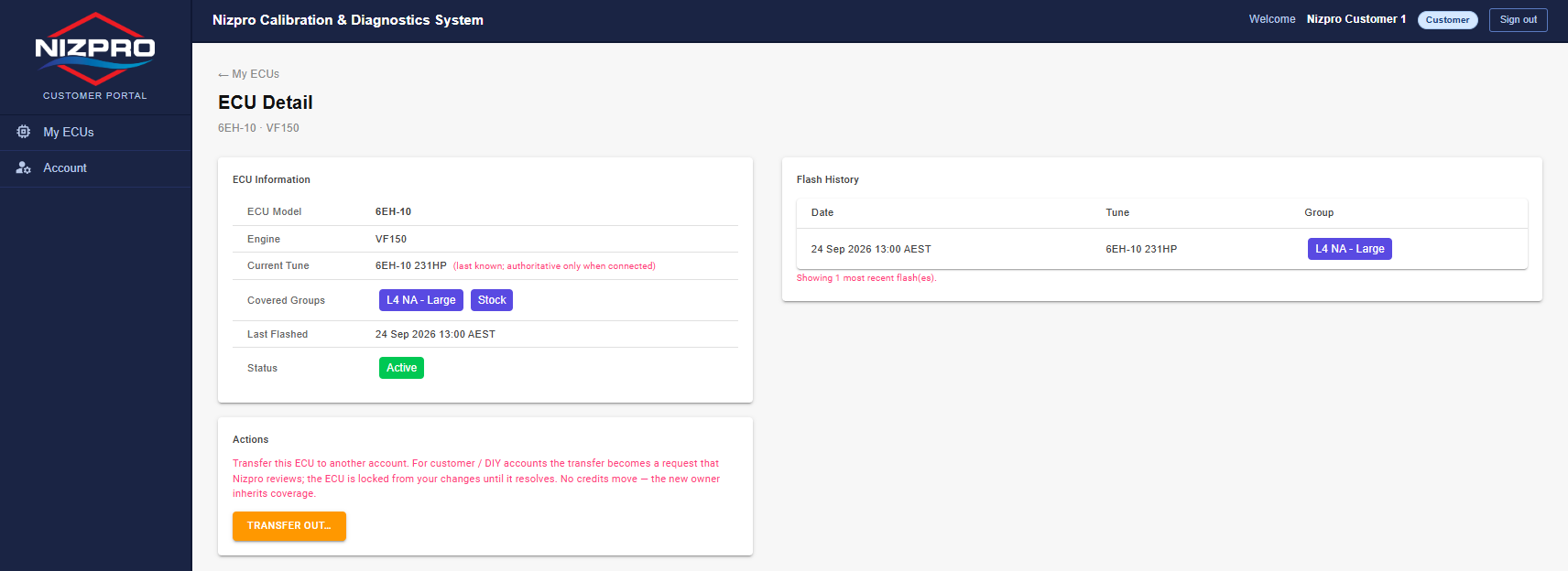 ECU Detail page on a customer account, with the TRANSFER OUT button in the Actions card