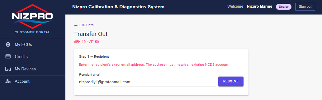 Transfer Out page, Step 1 Recipient, with a recipient email entered and the RESOLVE button