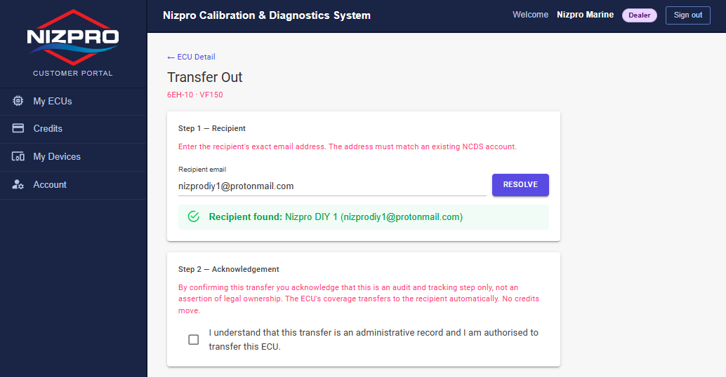 Transfer Out page with Recipient found and the Step 2 Acknowledgement checkbox unticked
