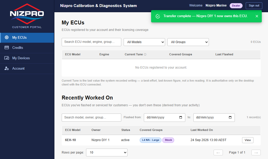 My ECUs on a dealer account with the message Transfer complete, Nizpro DIY 1 now owns this ECU, and the ECU listed under Recently Worked On