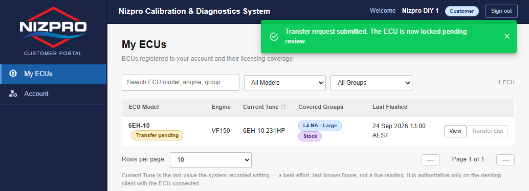 My ECUs on a customer account with the message Transfer request submitted. The ECU is now locked pending review, and the ECU marked Transfer pending