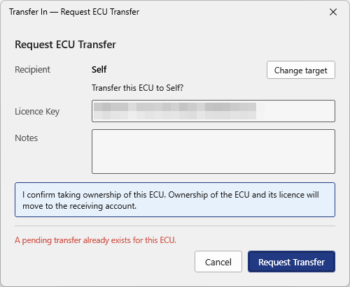 Request ECU Transfer dialog on a dealer account with the message A pending transfer already exists for this ECU.