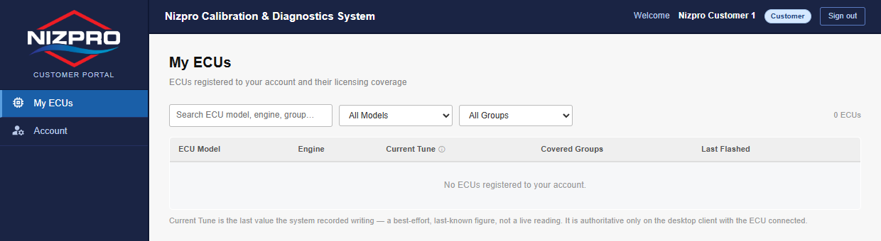 Portal after sign-in on a customer account, showing My ECUs with no ECUs registered