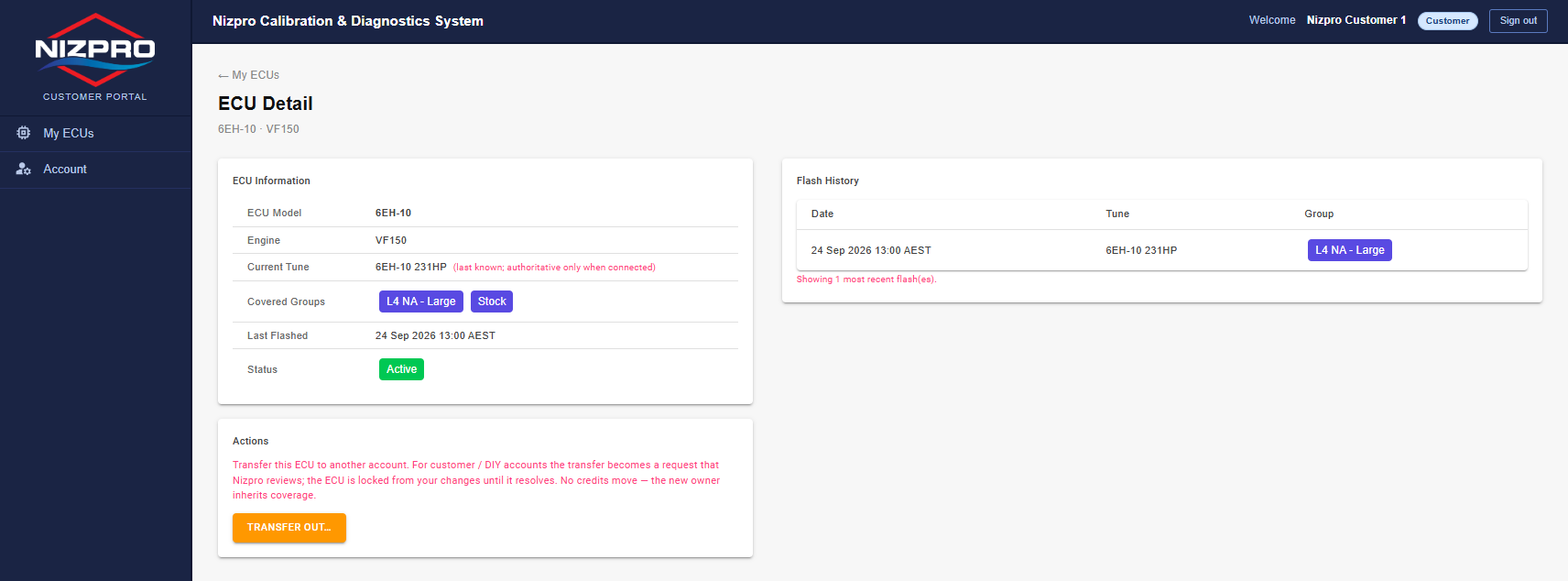 ECU Detail page with ECU Information, Flash History and Actions