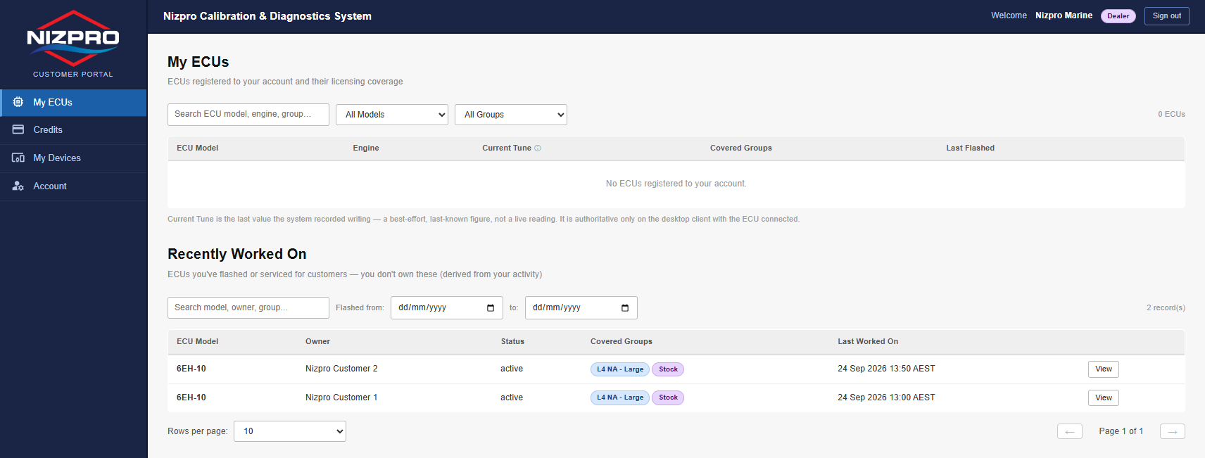 My ECUs on a dealer account, with an empty own-ECU list and a Recently Worked On list of two customer ECUs