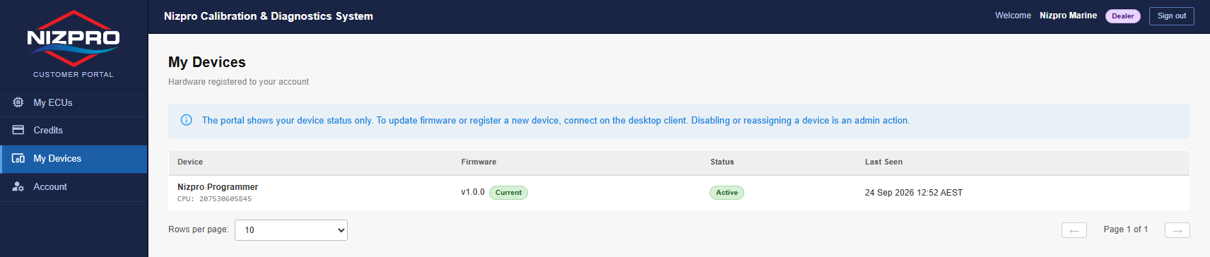 My Devices page listing a Nizpro Programmer with its firmware version, status and last seen time