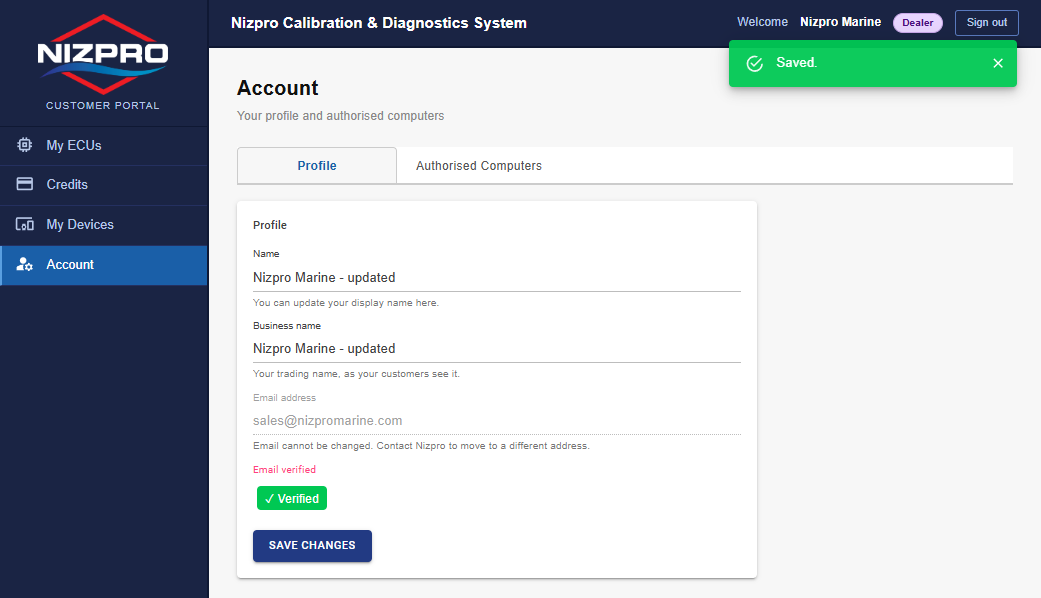 Profile tab with the updated name and business name and the Saved. message