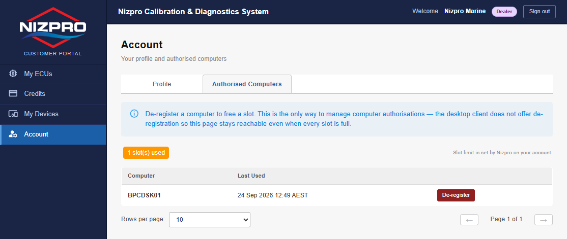 Account page, Authorised Computers tab, listing one computer with its Last Used time and a De-register button